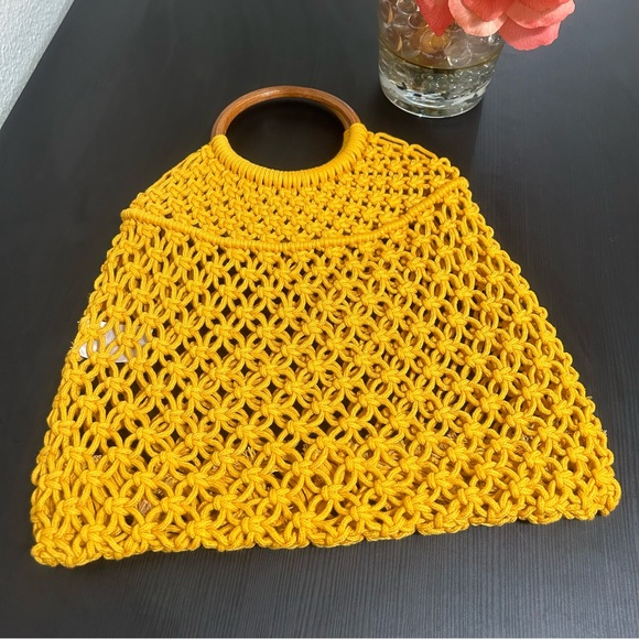 Crossi Handbags - CROSSI Macrame Tote Bag Wood Handle Yellow Gold NWOT